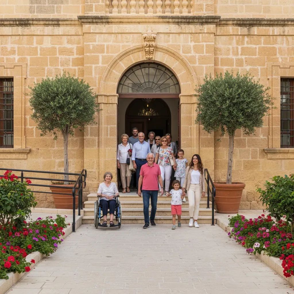 Community members entering Dar Trionfi social services center in Victoria, Gozo