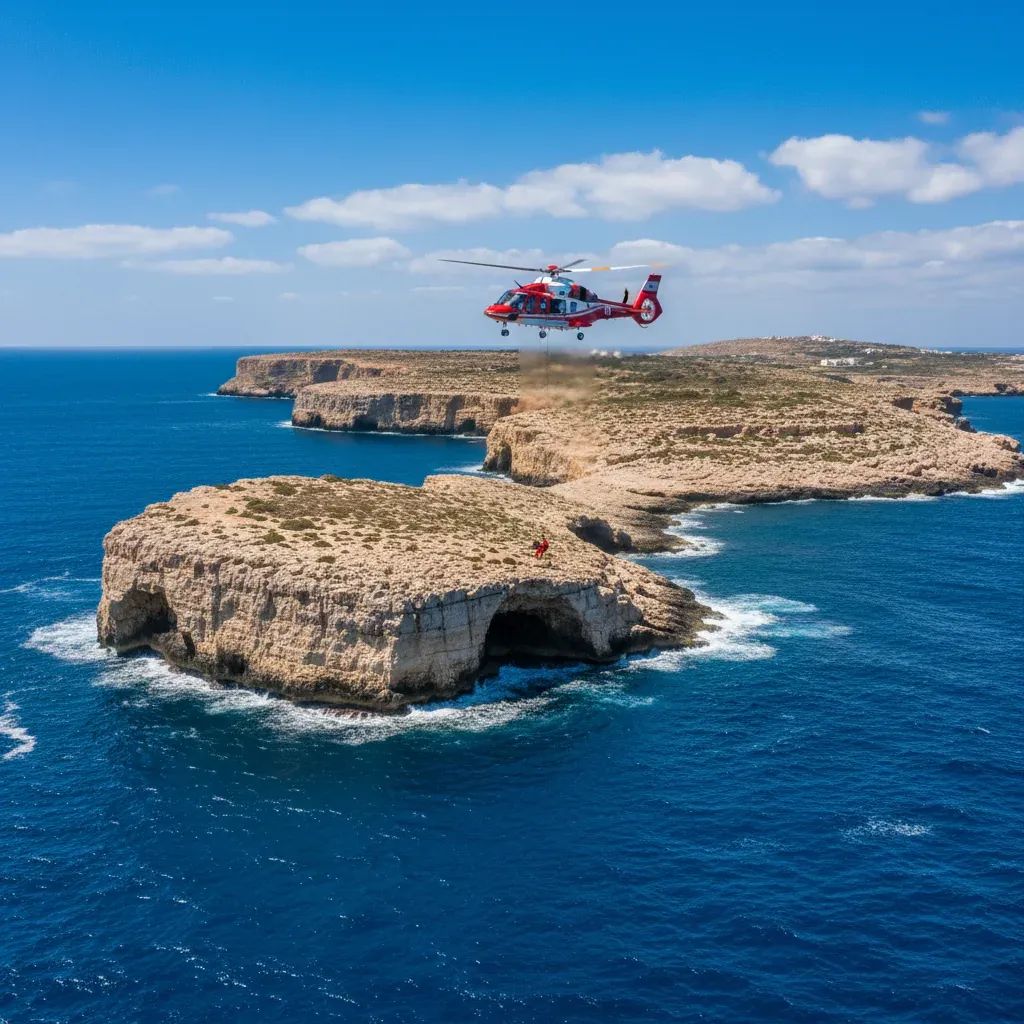 Rescue helicopter winching an injured person from rocky Maltese coastline under bright daylight