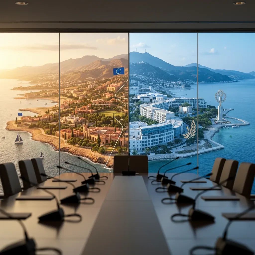 Mediterranean map showing Cyprus island divided by Green Line, with EU and UN symbols representing diplomatic negotiations for reunification