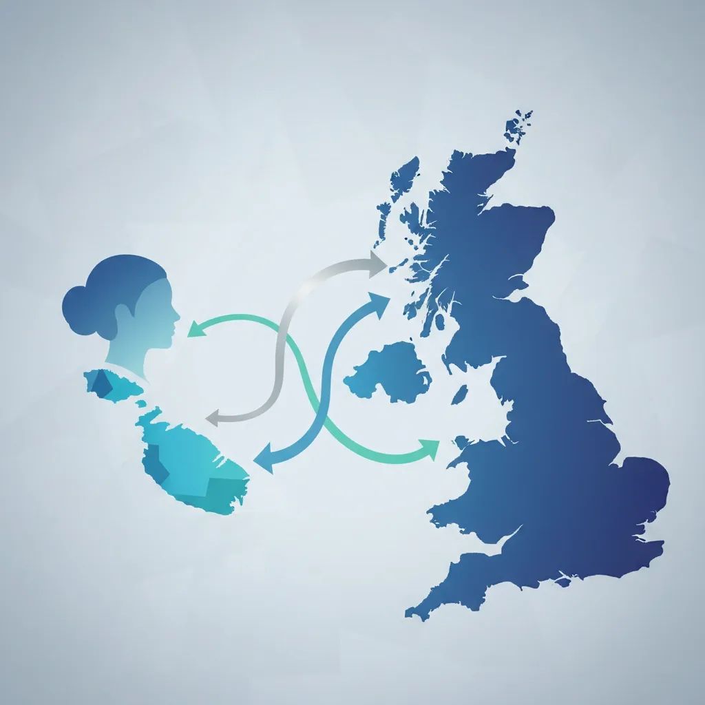 Illustration showing trade arrows between Malta and the UK with a female business figure