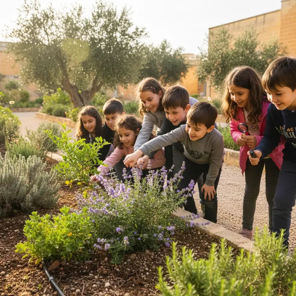 Primary school students learning about indigenous Maltese plants in a school garden during environmental education activity