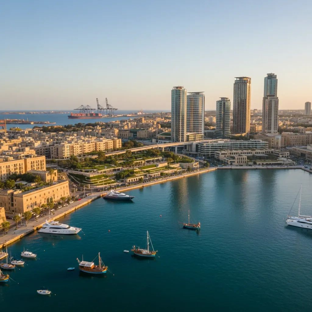 Malta harbor with modern skyline and maritime industry, symbolizing economic transition toward finance and shipping sectors