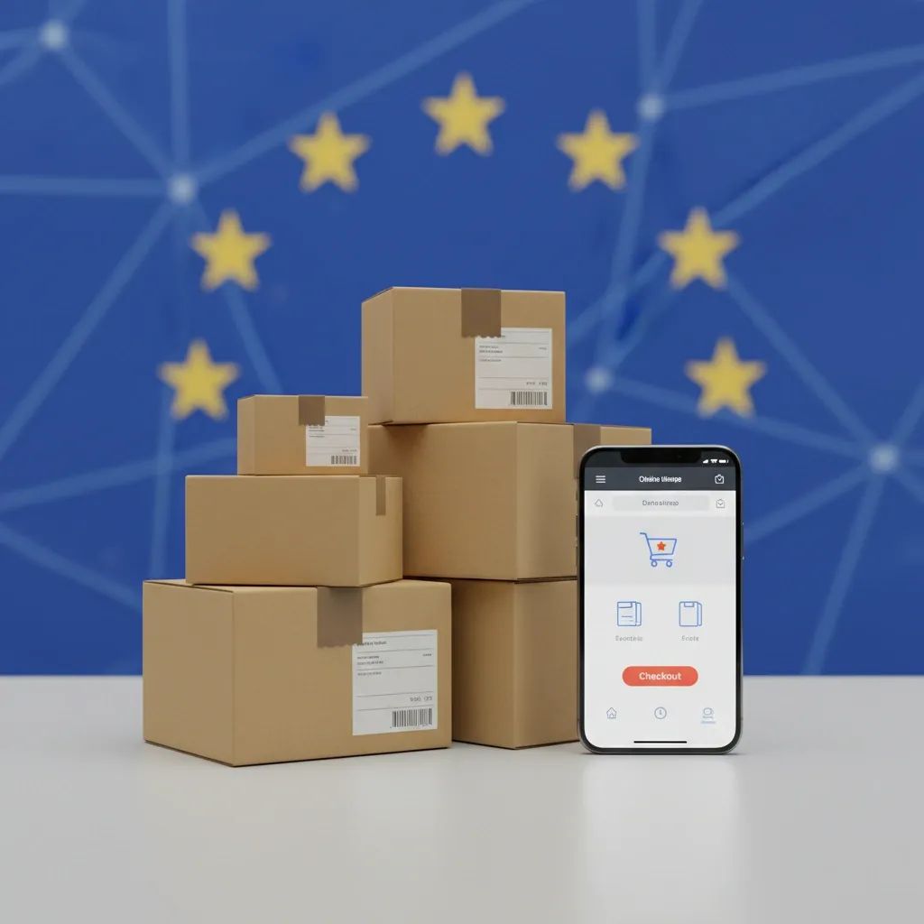 Cardboard parcels and smartphone with generic shopping app against subtle EU stars backdrop, illustrating Shein probe