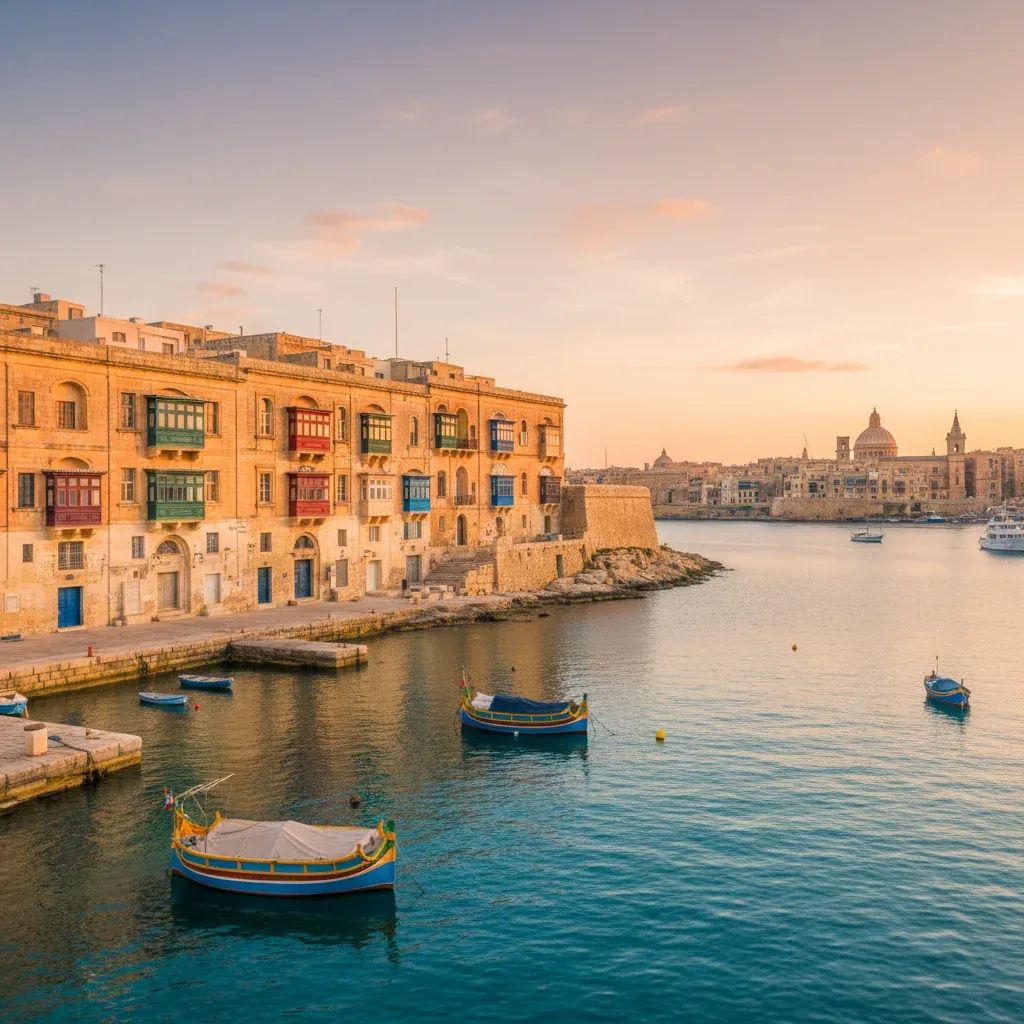 Historic Maltese waterfront buildings with traditional limestone facades and wooden balconies overlooking harbor