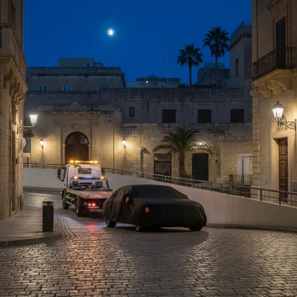 Tow truck removes covered luxury sedan from Malta hotel garage at night, highlighting theft risk