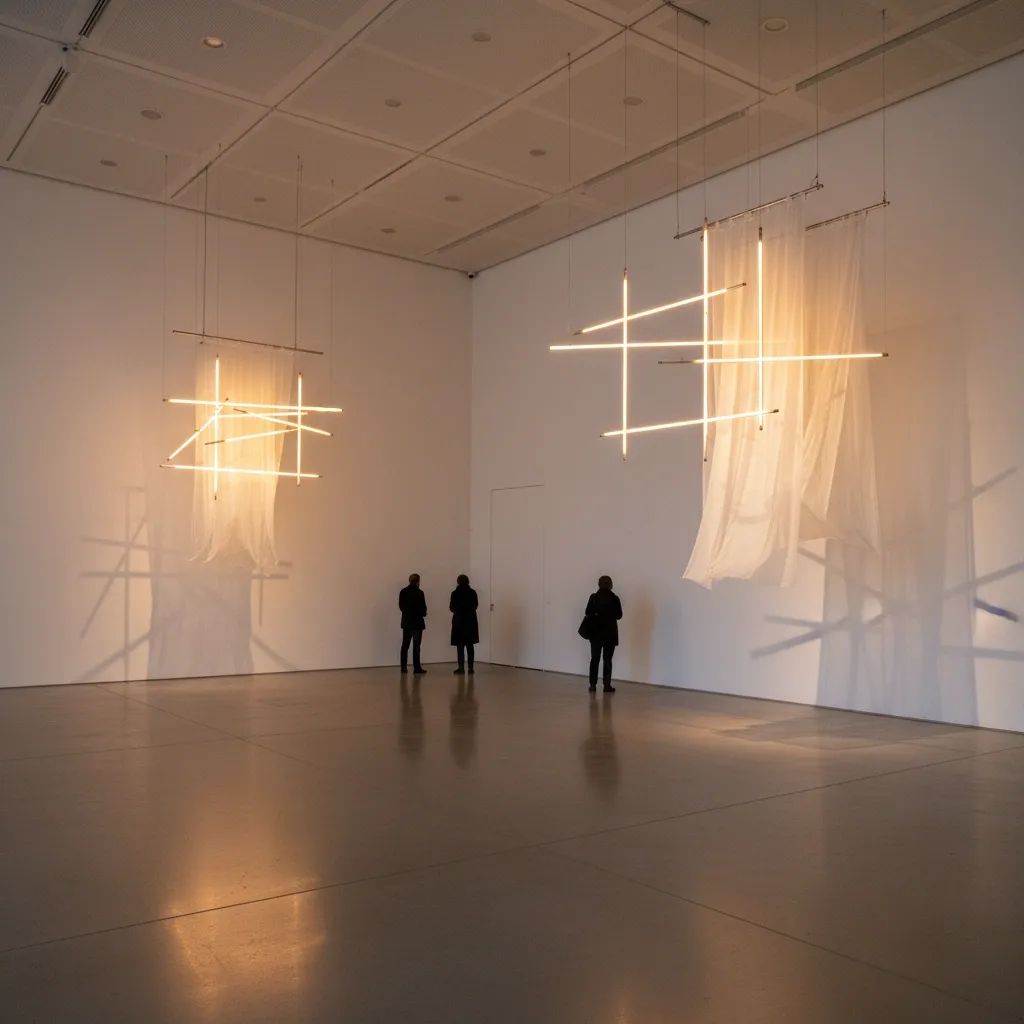 Contemporary art gallery interior with layered light installations and fabric collages creating atmospheric shadows
