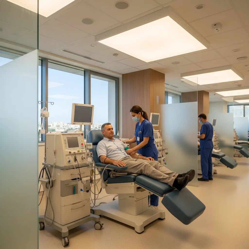 Modern healthcare facility showing dialysis equipment and patient care in clinical setting