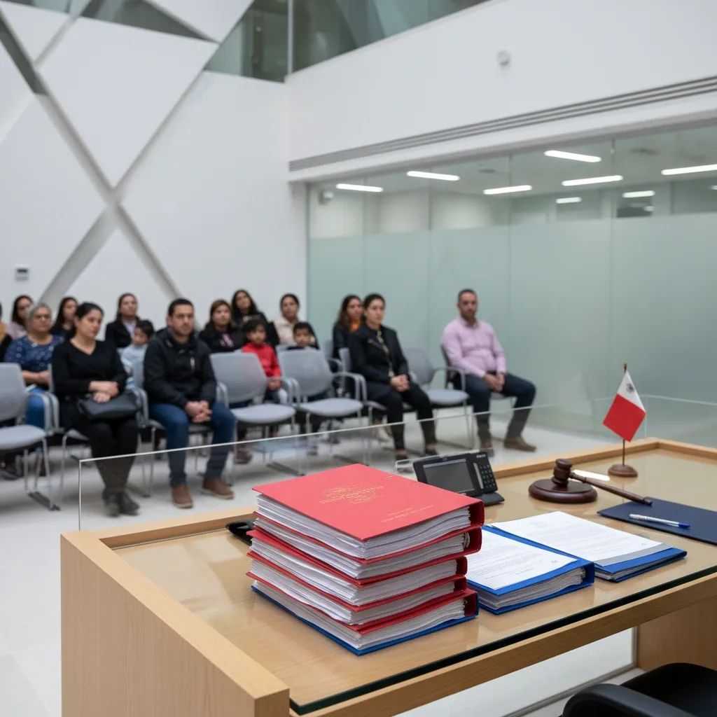 Maltese courtroom with immigration documents and judicial setting during asylum hearing proceedings