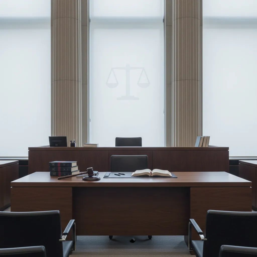 Courthouse judge's bench with gavel and legal documents representing workplace harassment conviction case