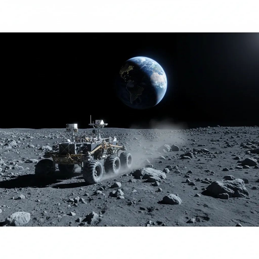 Lunar rover exploring the Moon's surface with Earth visible in the distance, representing Malta's space mission