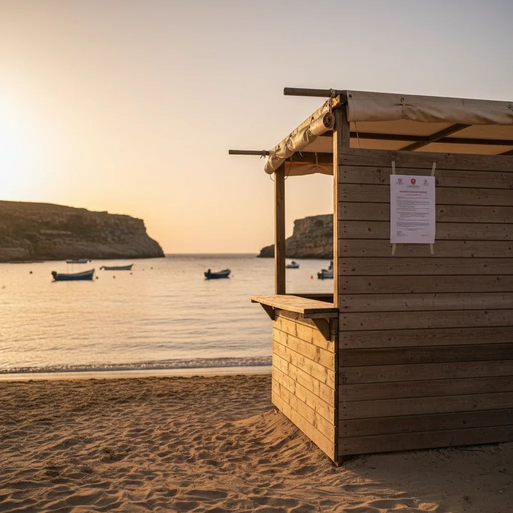 Temporary kiosk structure at Ħondoq ir-Rummien bay with unauthorized canvas canopy and solar panels visible