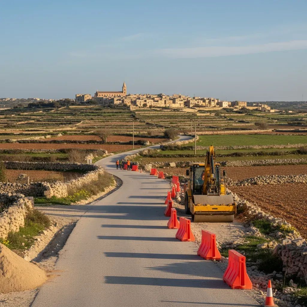 Construction site on narrow Gozo village road with safety barriers and equipment in Nadur or Qala