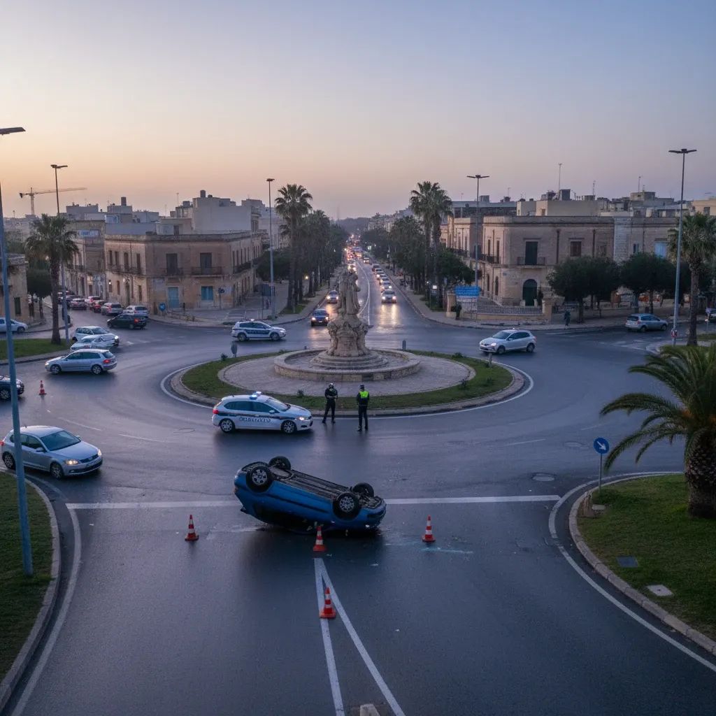 Overturned car on Central Link roundabout at dawn with police cones and flashing lights guiding traffic