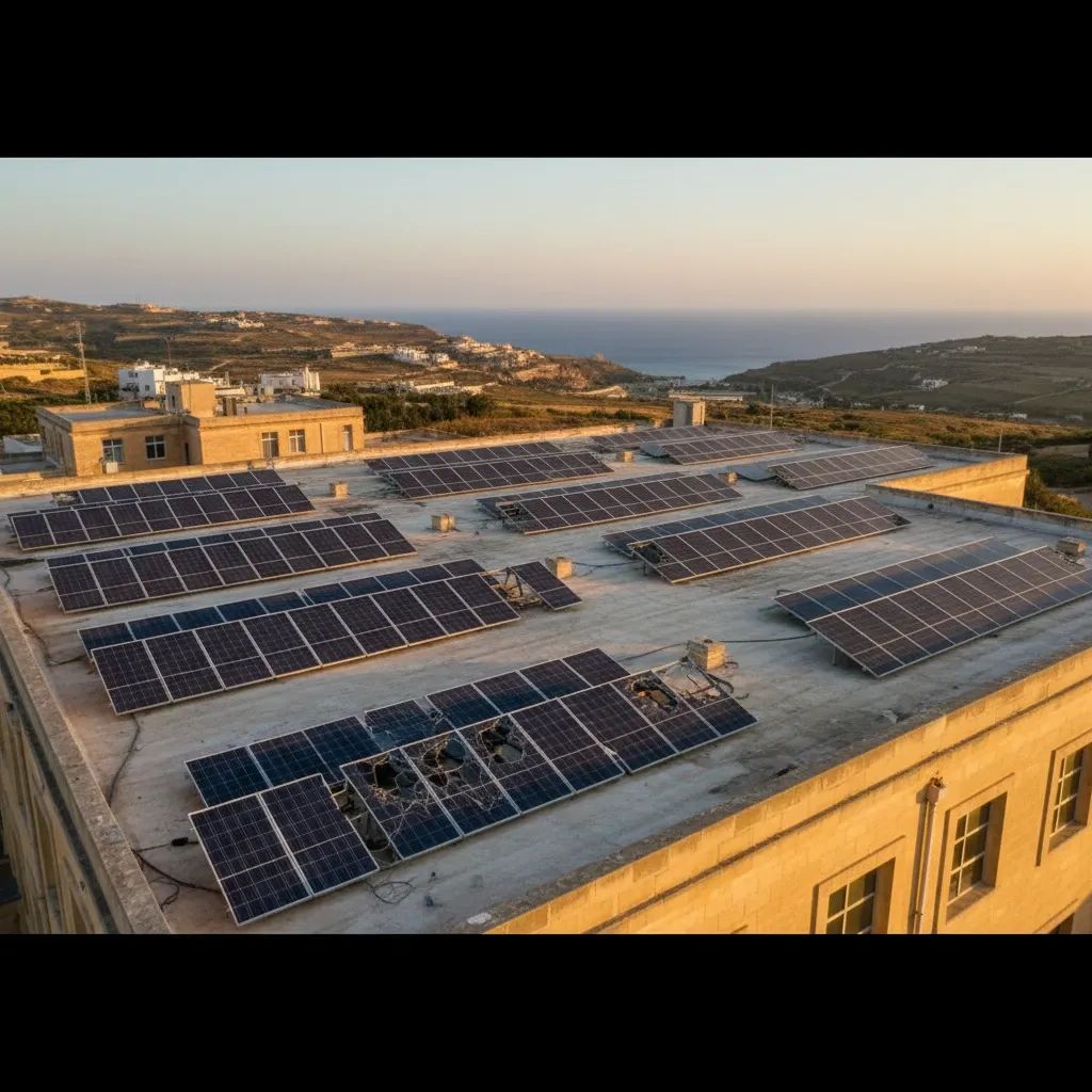 Solar panels installed on school rooftops in Gozo showing signs of damage and neglect