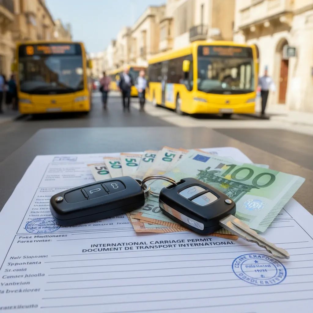 Car keys on euro notes atop Maltese transport document with buses blurred behind, illustrating licence-for-cash scheme
