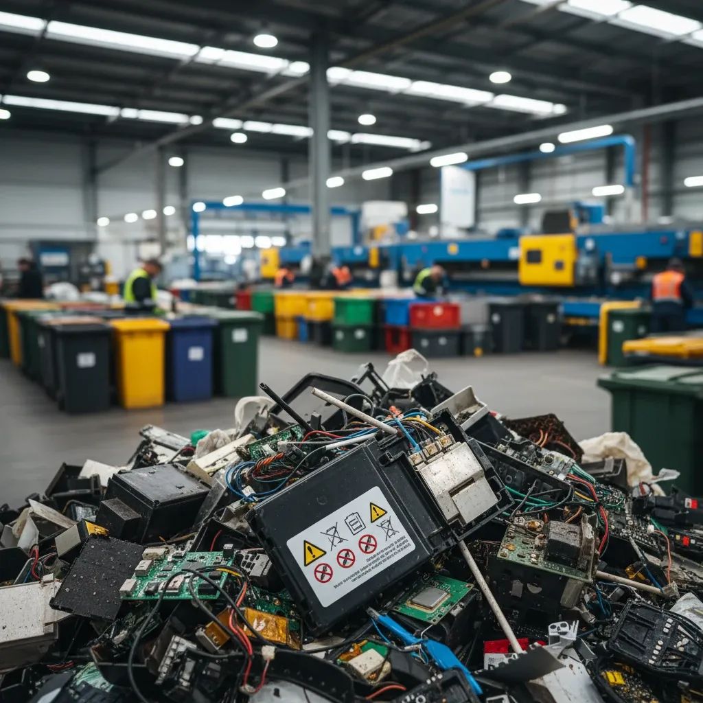 Pile of used batteries and electronic waste in organized disposal containers