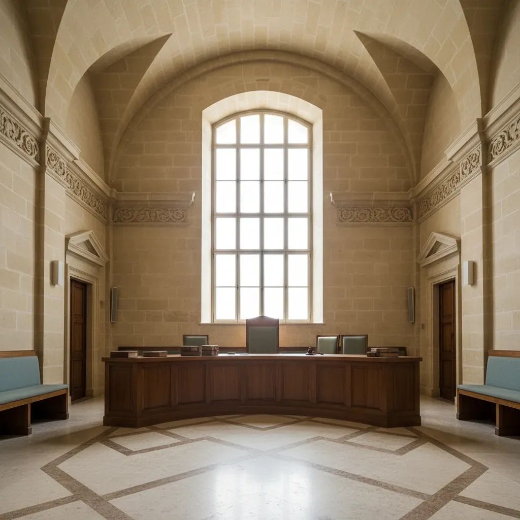 Interior of Malta courtroom with judge's bench and legal documents representing criminal case proceedings
