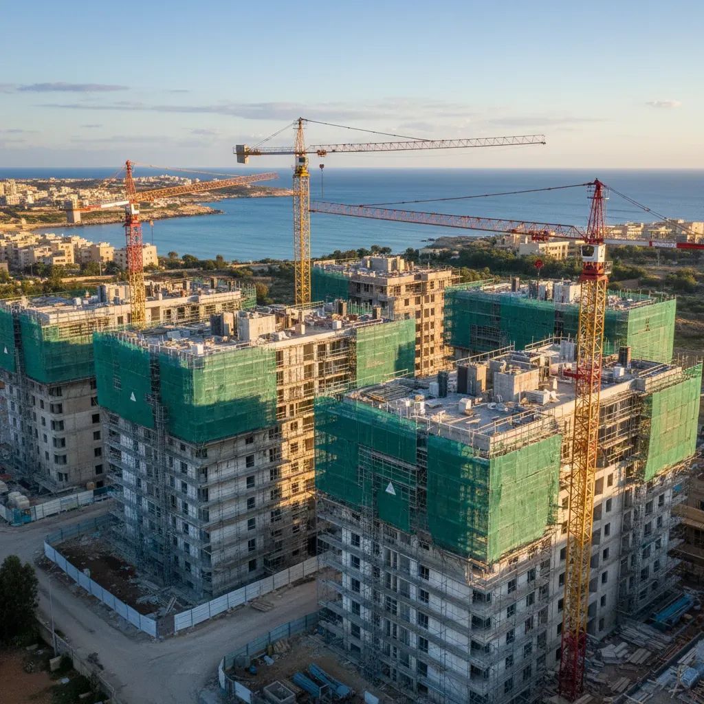Residential apartment buildings under construction with cranes and scaffolding in Malta