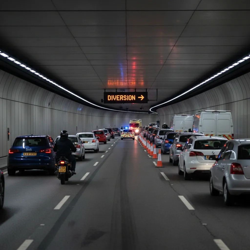 Emergency response scene in tunnel with traffic cones and congested vehicles during morning rush hour
