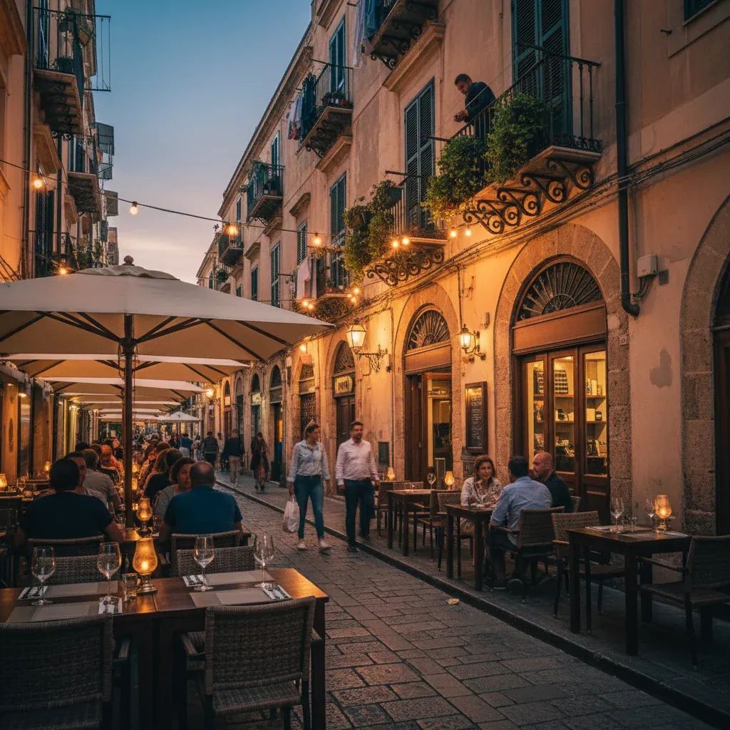 Outdoor restaurant tables crowding a narrow Mediterranean street with residential buildings and pedestrians