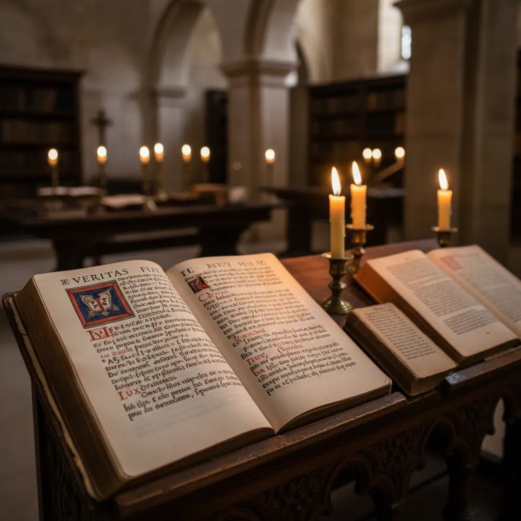 Medieval monastery library with ancient manuscripts and candlelit scholarly atmosphere