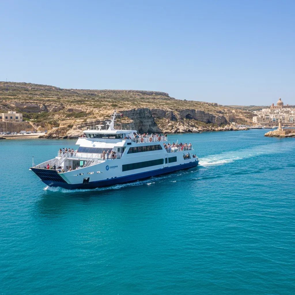 Modern ferry approaching Gozo harbor with Mediterranean backdrop and passengers on deck