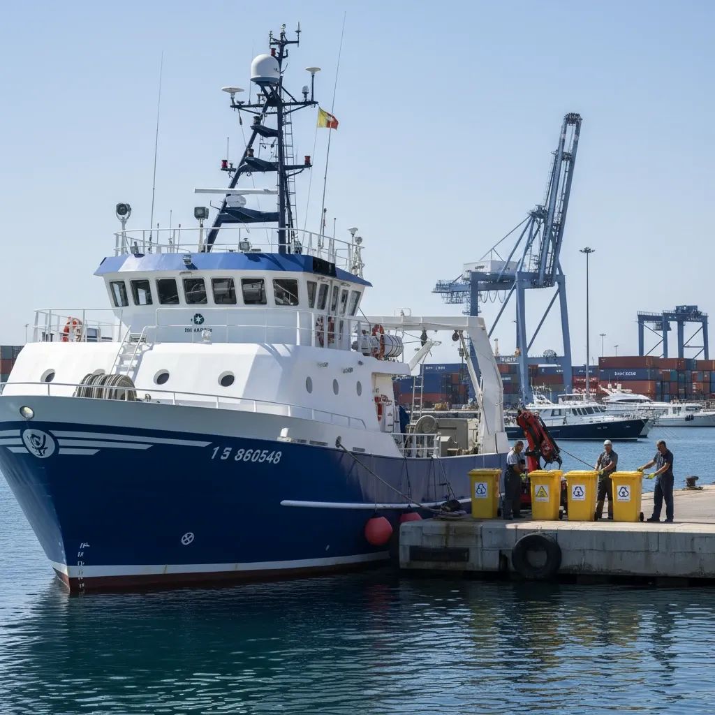 Commercial fishing vessel with crew handling sealed waste containers for food disposal compliance