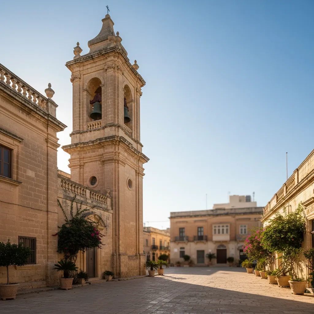 Malta parish church bell tower overlooking residential neighborhood
