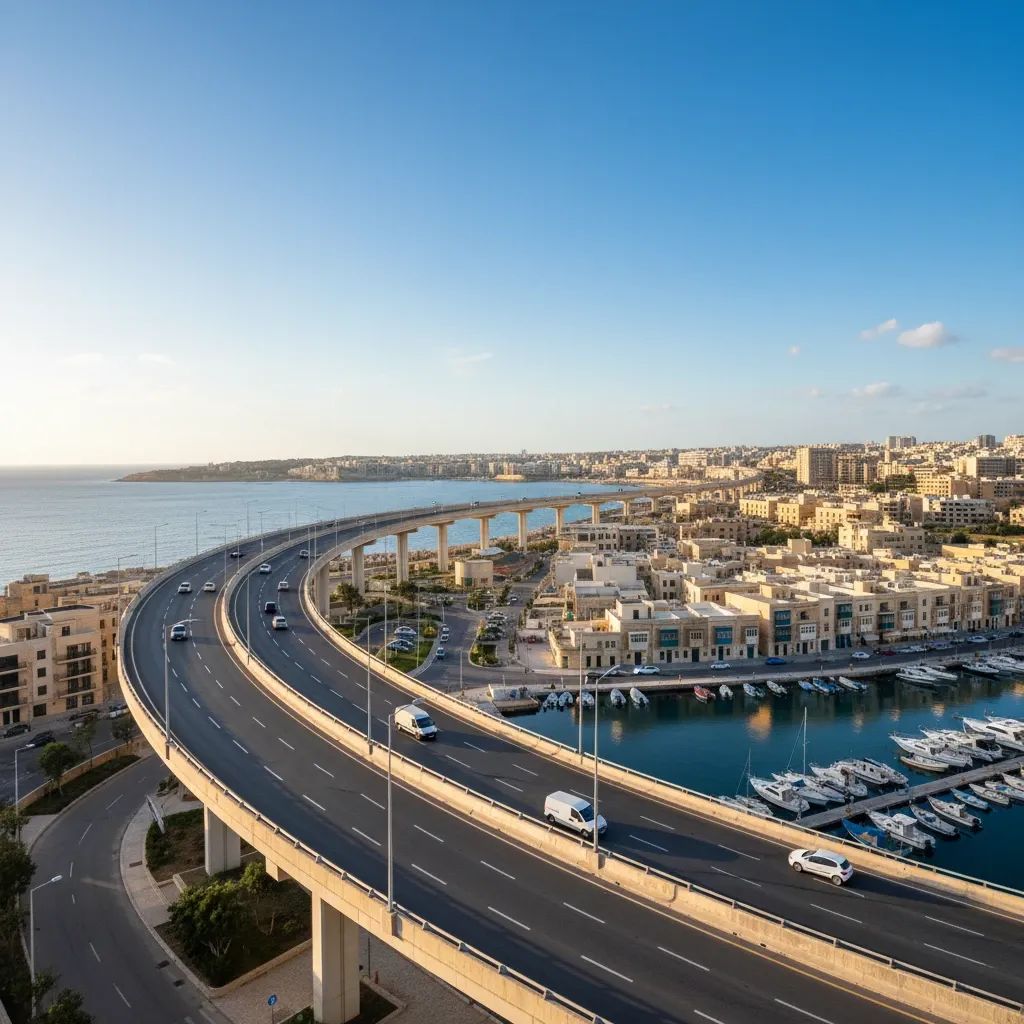 Wide-angle view of the new Msida Creek flyover with cars heading east toward Valletta