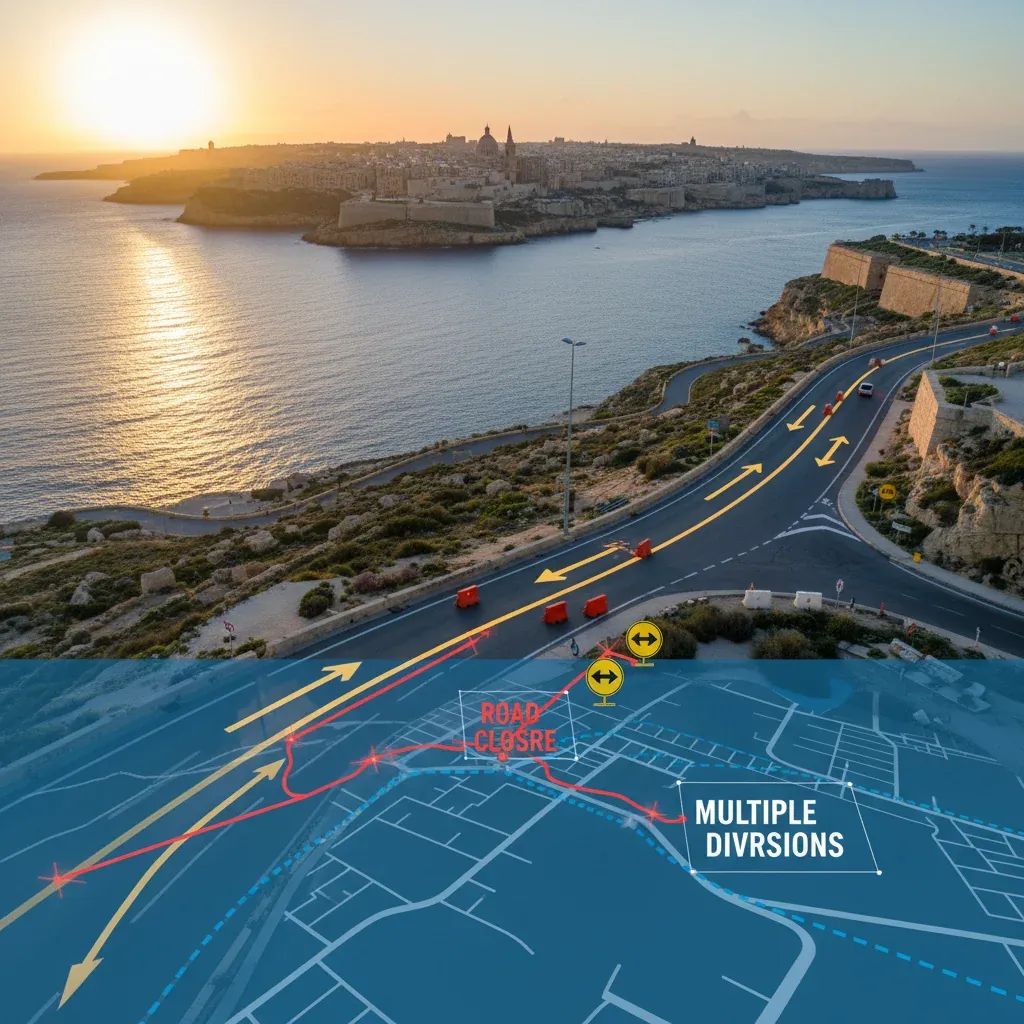 Aerial view of Malta's coastal roads and harbor areas affected by marathon route closure on March 22