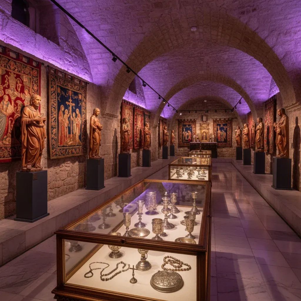 Underground gallery displaying antique crucifixes, religious sculptures, and devotional textiles in sacred exhibition space