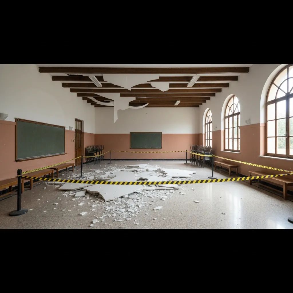 School hall interior in Malta with fallen ceiling debris and yellow caution tape marking hazard