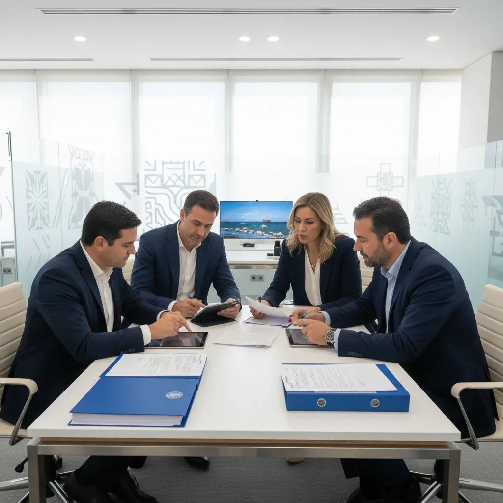 Workers reviewing employment contracts and wage documents in a modern government office setting