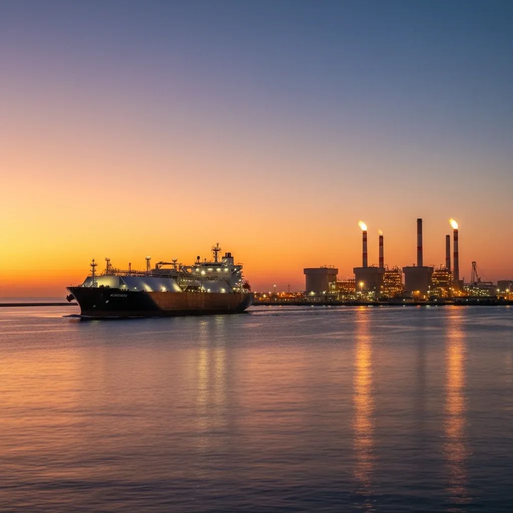 LNG tanker vessel approaching industrial power station facility at seaside during evening hours