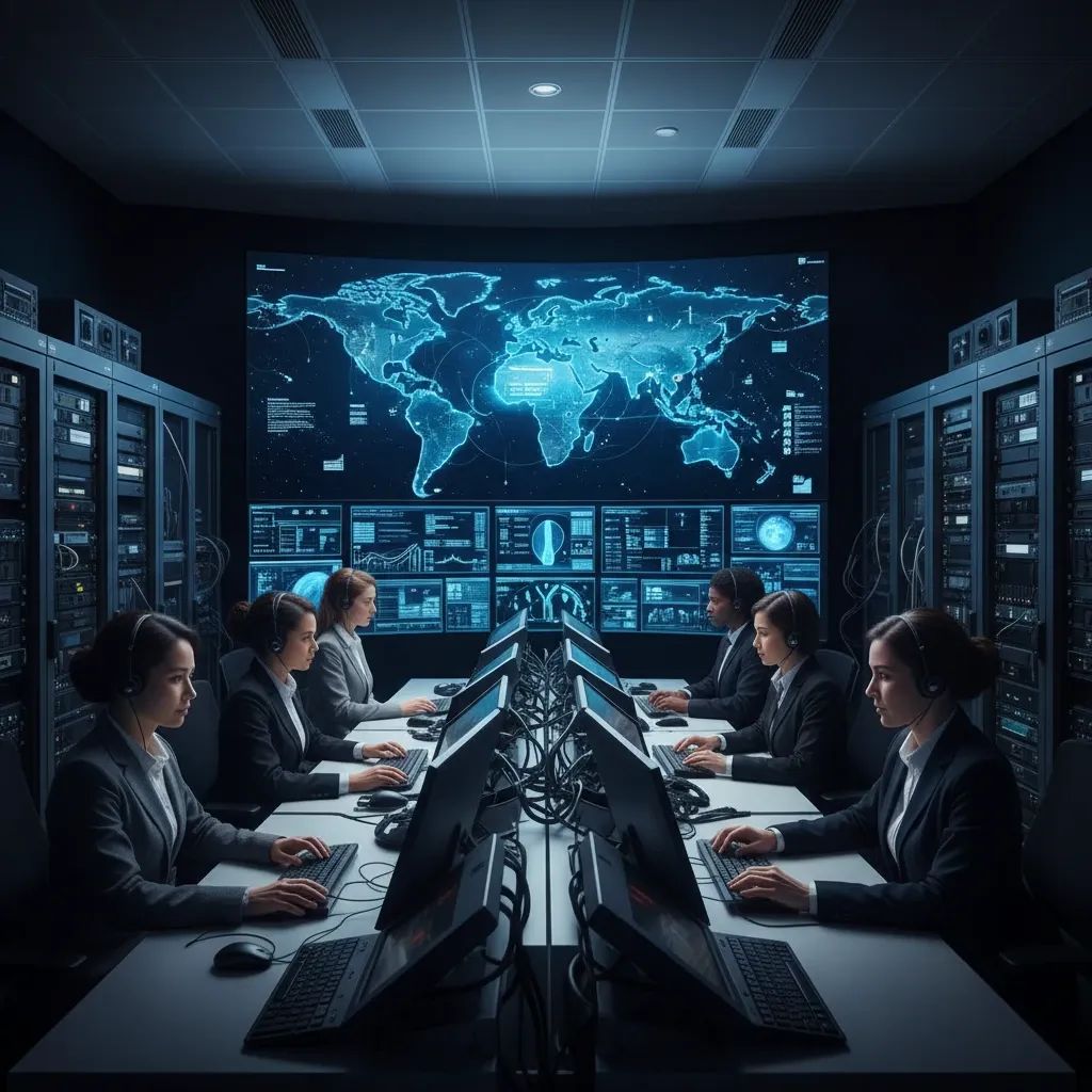 Satellite broadcasting control center with technical equipment and Mediterranean region map display