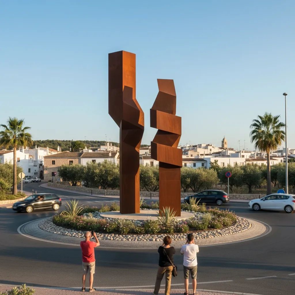 Abstract corten steel sculpture at Xewkija roundabout, contemporary public art installation in Gozo