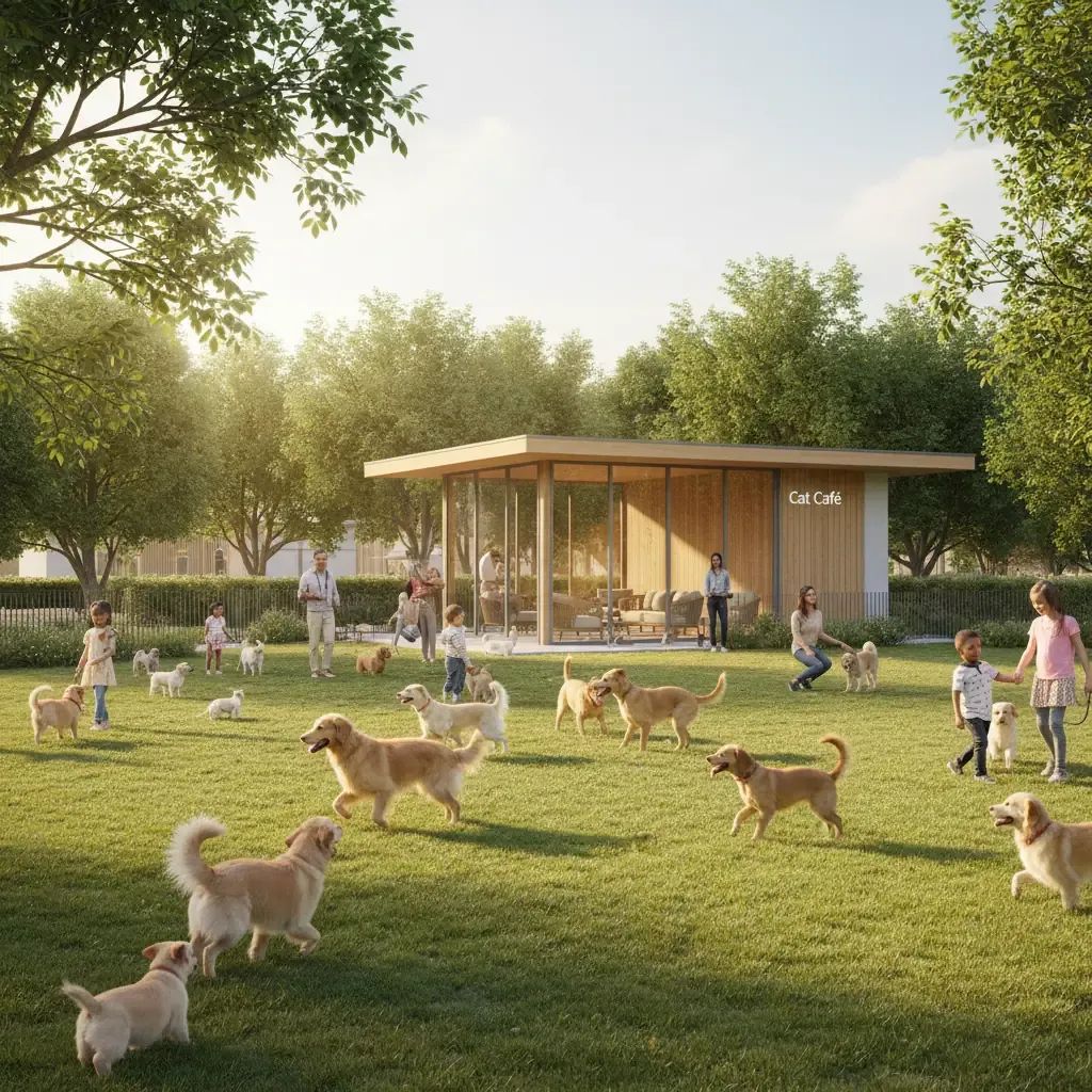 Community dog park in Malta with families and pets enjoying green space, cat cafe pavilion visible in background