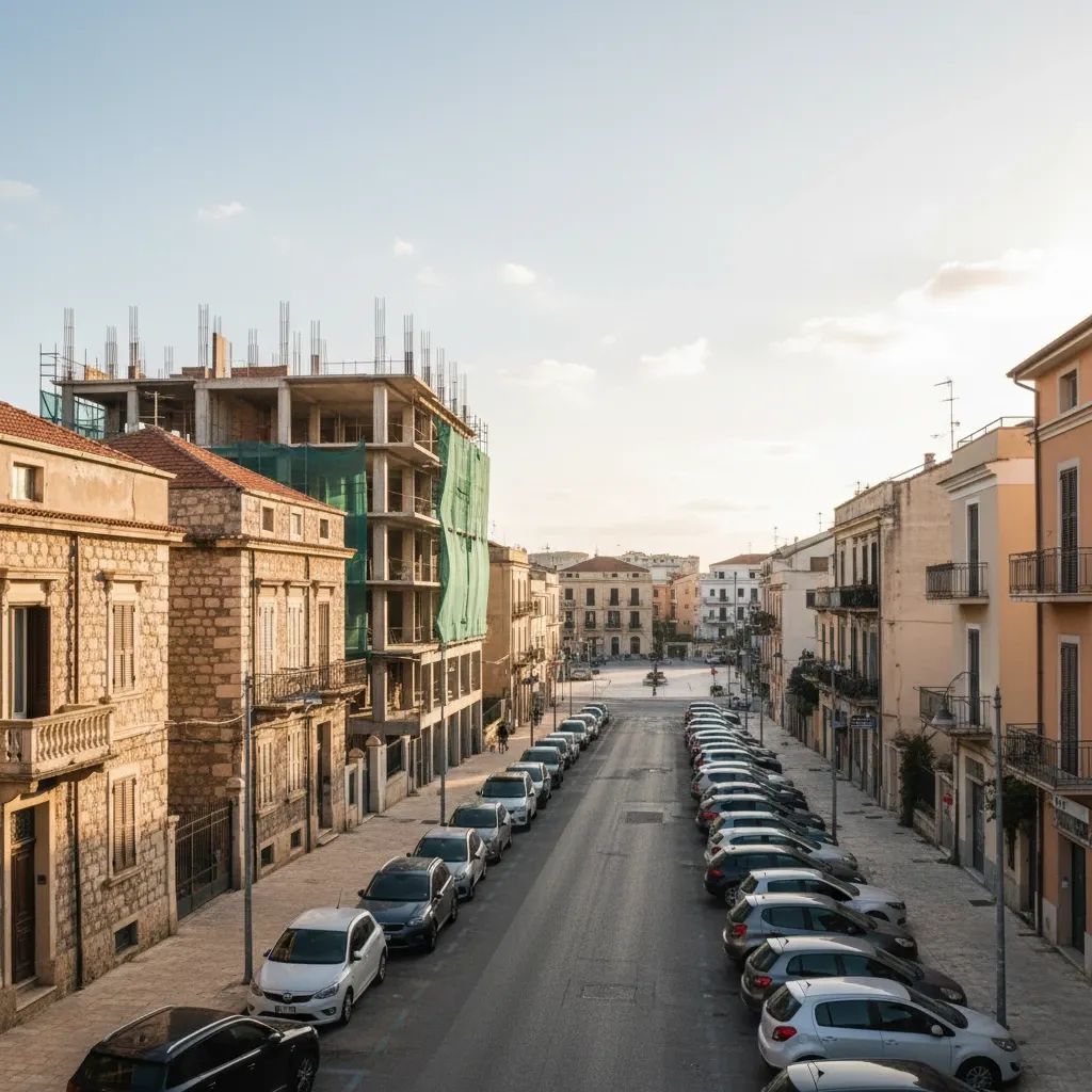 Narrow Mediterranean residential street showing contrast between low-rise homes and taller modern buildings, representing urban development pressure