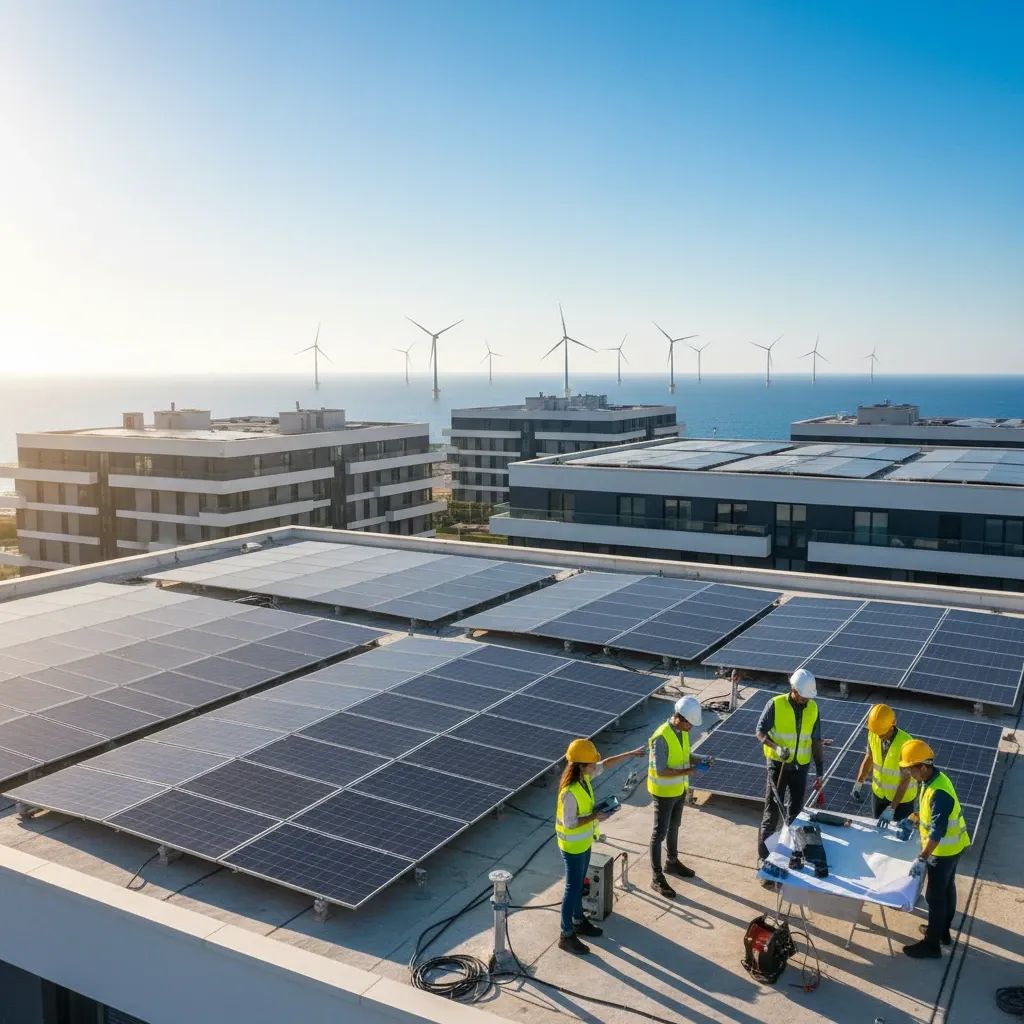 Modern solar panels on Malta building with offshore wind turbines visible, representing renewable energy jobs and green economy development