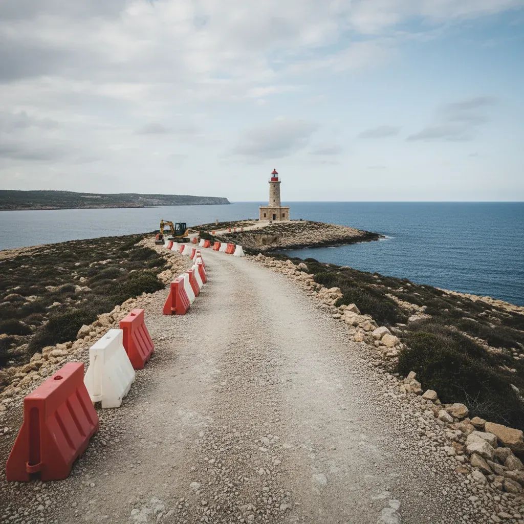 Ongoing construction on narrow hilltop road leading to Ta’ Ġordan lighthouse in Gozo, Malta, with machinery and barriers visible