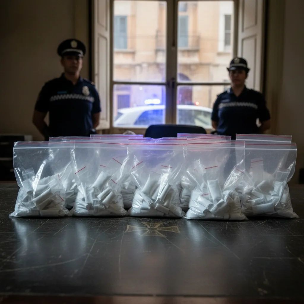 Seized Spice sachets in evidence bags on police table, blurred Maltese officers after Marsa drug bust
