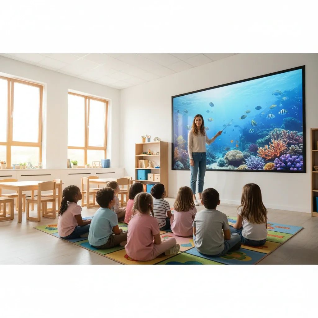 Young children in a modern classroom learning about marine life with an educator using digital tools