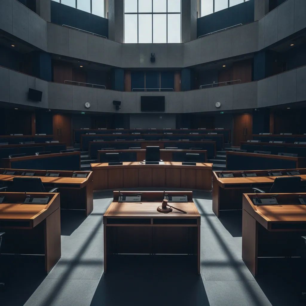 Malta's parliamentary chamber with empty judge's bench symbolizing judicial leadership vacuum