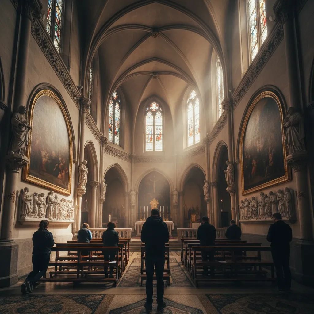 Interior of Ta' Pinu sanctuary with peaceful prayer atmosphere and religious artwork