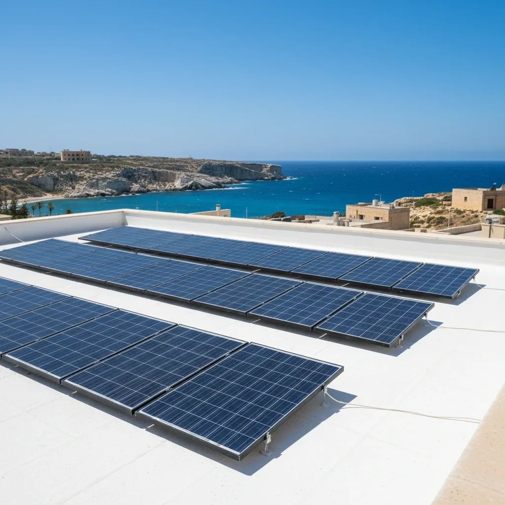 Solar panels installed on rooftop overlooking Malta's Mediterranean coastline during daytime