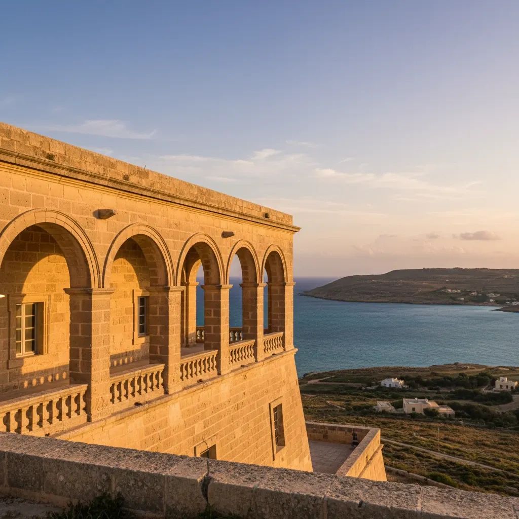 Historic Fort Chambray barracks with distinctive arcaded facade overlooking Gozo coast