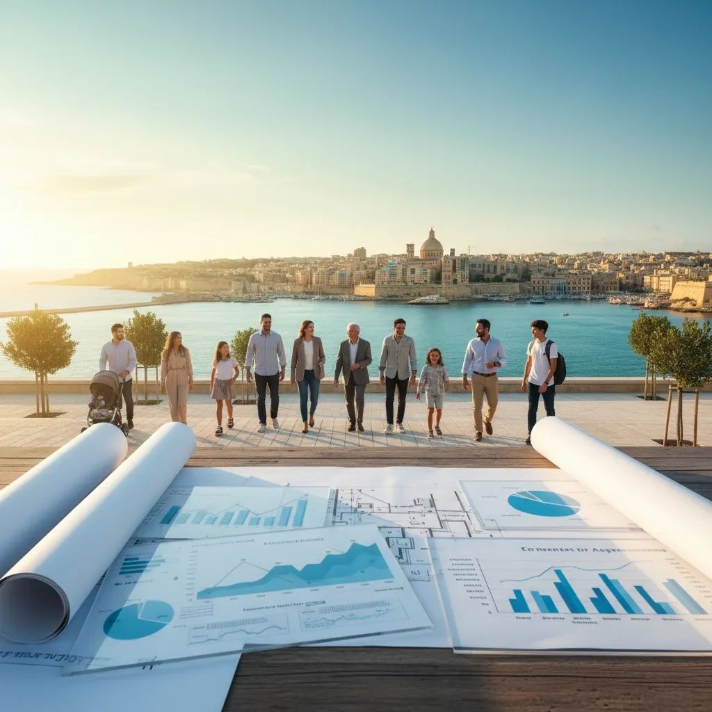 Malta residents of diverse backgrounds walking together along harbor with planning documents representing Vision 2050 strategy