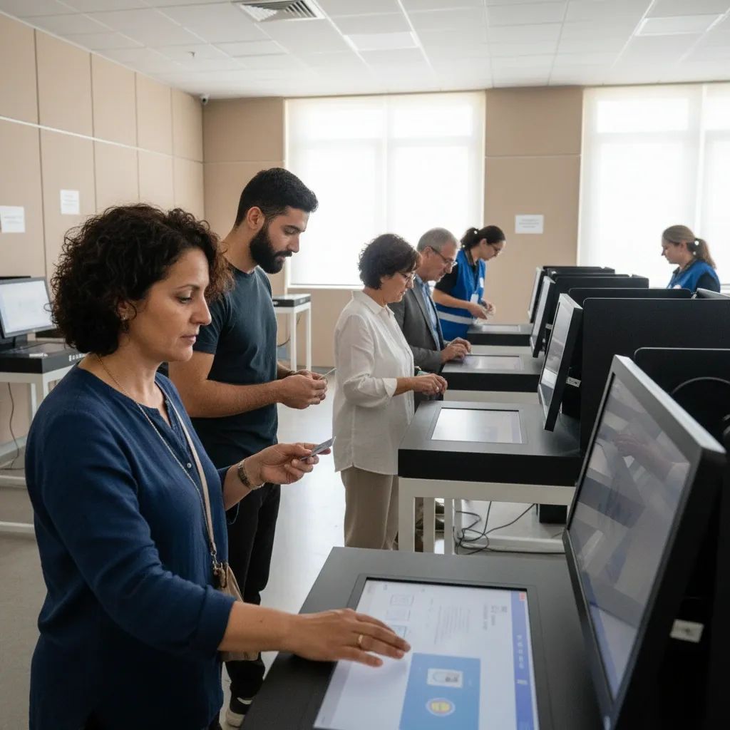 Maltese voters participating in election at polling stations with electronic voting systems