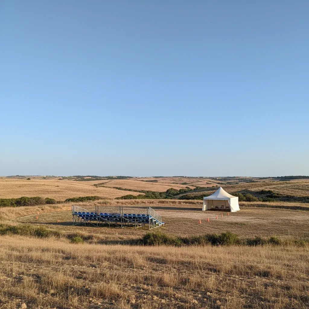 Malta rural countryside landscape with temporary sports event infrastructure in distance