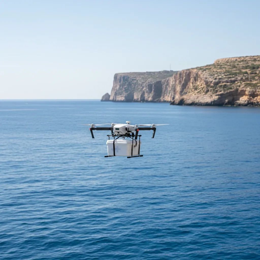 Cargo drone carrying temperature-controlled medical supplies over the sea from Malta to Gozo